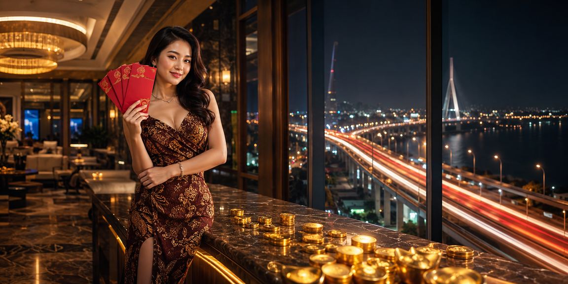 Model memegang amplop merah simbol bonus dan keberuntungan dalam budaya Asia