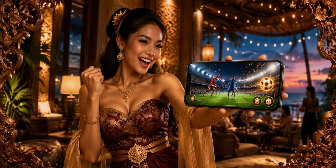 Seseorang memainkan casino mobile di tepi pantai menggunakan smartphone